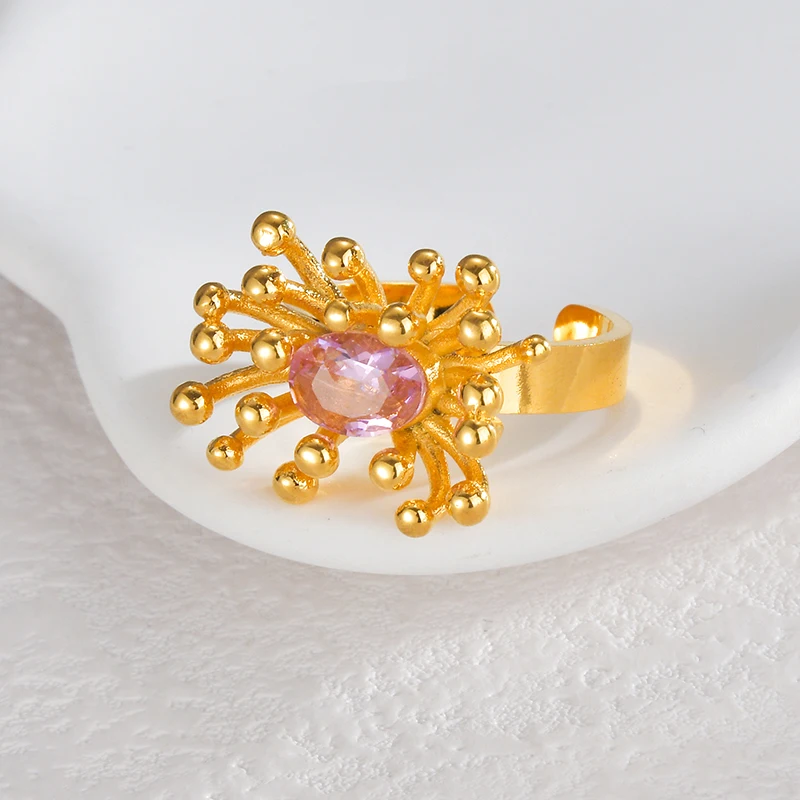 Letdiffery Fashion Fireworks Explosion Shape Ring for Women Stainless Steel Gold Color Adjustable Pink Zircon Open Rings Jewelry
