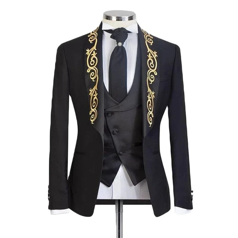 Gold Embroidery Formal Men Suits Slim Fit 3 Pcs Wedding Groom Tuxedo Custom made Elegant Fashion Costume Homme for Prom