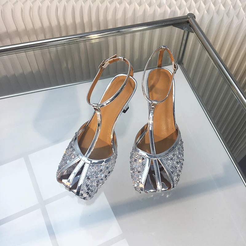 

2025 spring and summer new square head high-heeled sandals for women sequined shoes