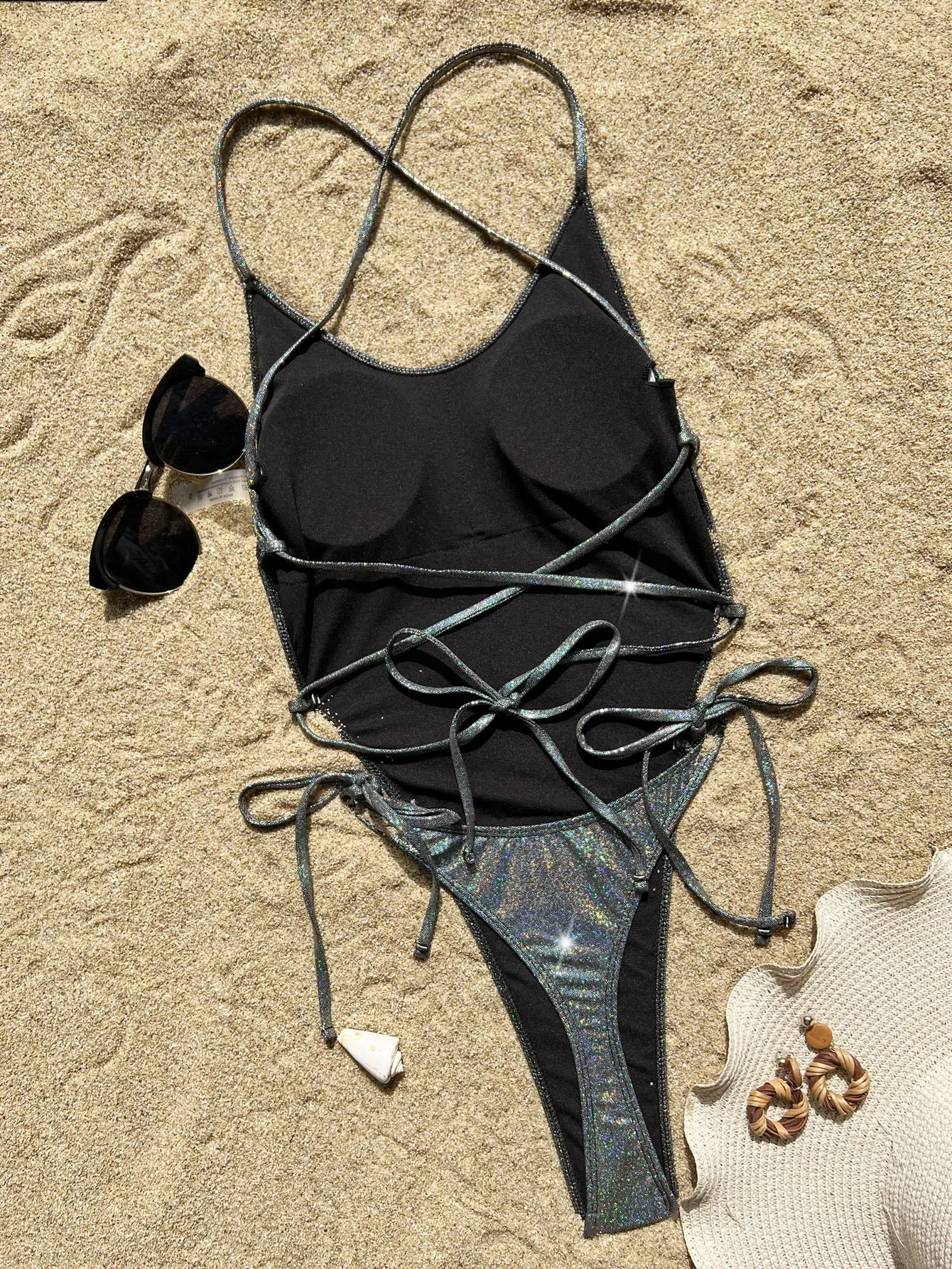 Sexy Glitzer, solide, silberfarben, schwarz, rückenfrei, Badeanzug, einteiliger Bikini, Tanga, Bademode, Bodys, Damen, Biquini, Badeanzüge, Tankini