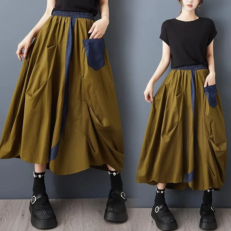 

Color Blocking Pleated Patchwork Denim Irregular Skirt For Women Summer 2025 New Loose Mid Length Floral Bud Skirt W270 ﻿