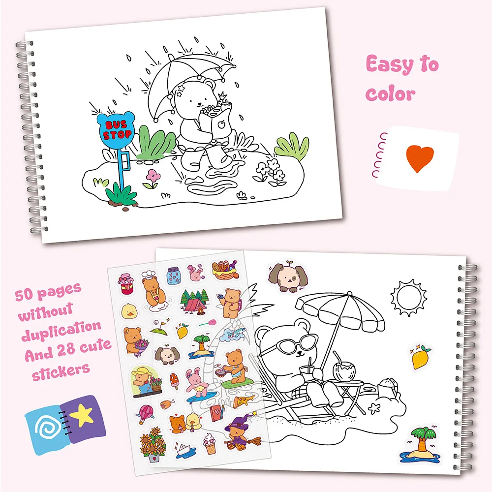 Adorable Bear Coloring Book Set for Kids: 50 Sheets with Stickers, Sparkling Glitter & Spiral Binding, Perfect Creative Gift view 2