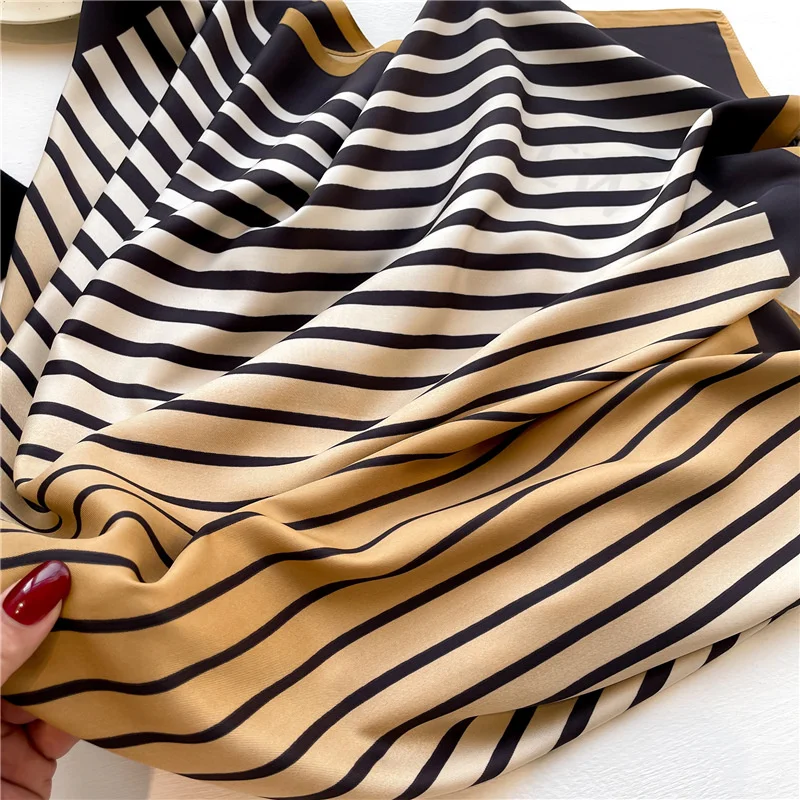 Striped Gradient Scarf Women\'s Simple Luxury Silk Large Square Scarves 90cm Sun Protection Shawl Travel Decoration New