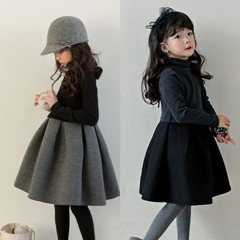 

New Girls Winter High Neck Dress Cotton Elegant Teenager Children Kids Long Sleeve Autumn Winter Pleated Princess Dress Clothing