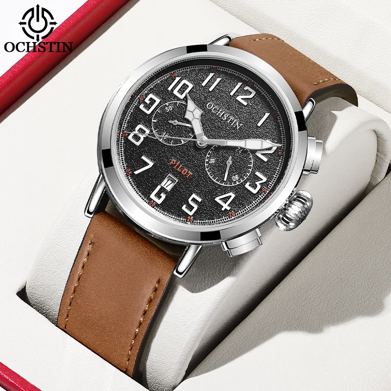 OCHSTIN Man Pilot Multifunctional Quartz Watch Features Alloy Case Men's GenuineLeather Strap Waterproof Male Wristwatch