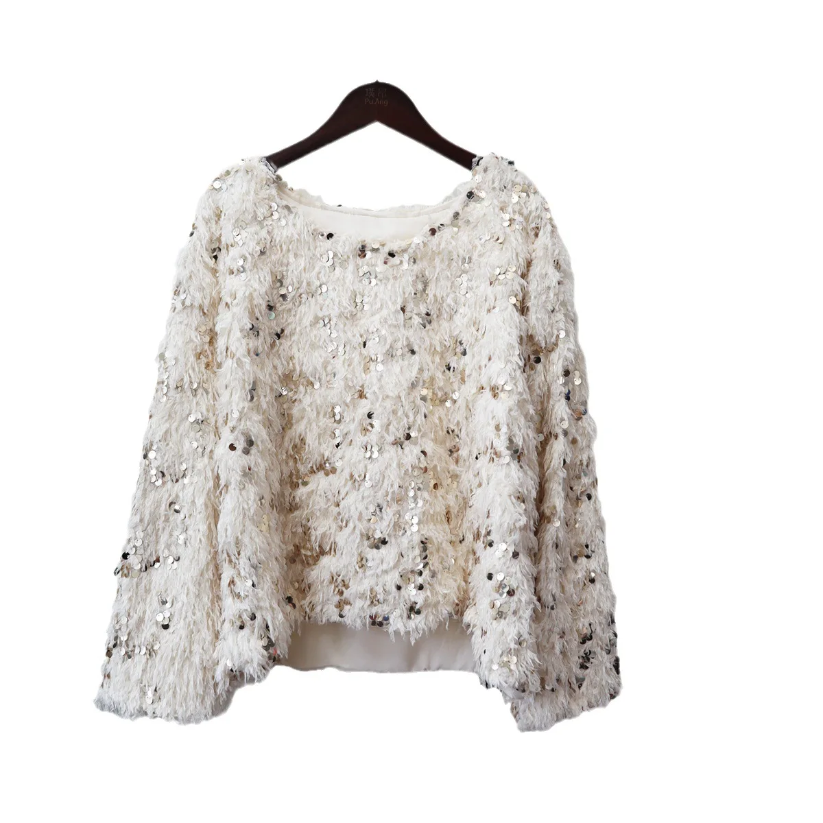 Pink Fur Long Sleeve Fluffy Top Autumn Winter Sequin 2023 Loose Knitted Sweaters Women Spring Tops Elegant Jumpers Knit Pullover