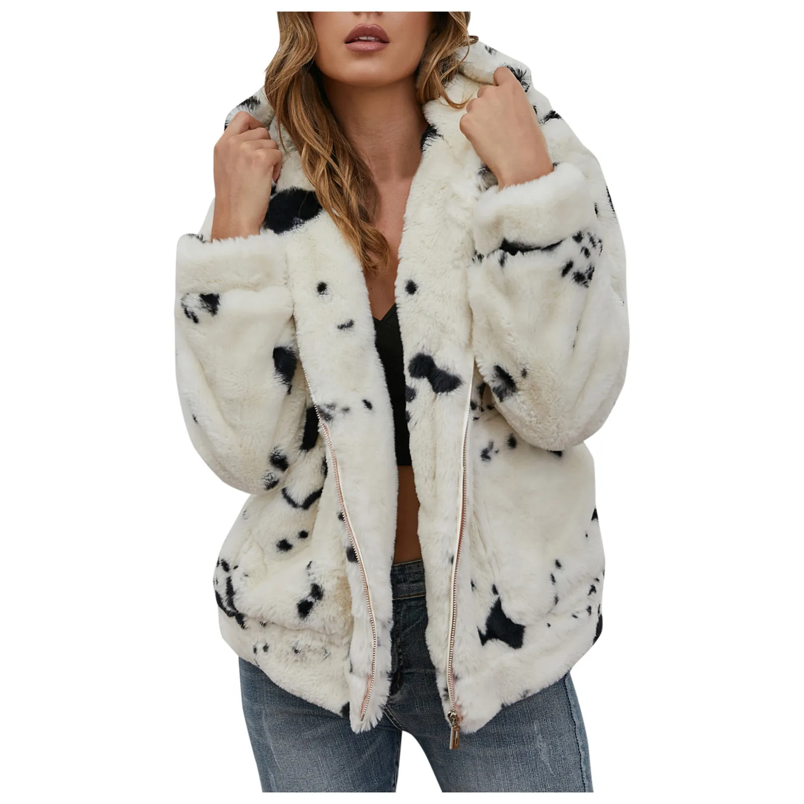 Womens Winter Thicken Hooded Outwear Faux- Irregular Dots Print Warm Jacket Zipper CoatFor Women Female Jackets Chaqueta Mujer