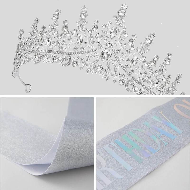 Birthday Crowns For Women Silver Birthday Queen Sash And Tiara Set Rhinestone Princess Headband Durable For Birth Day Party