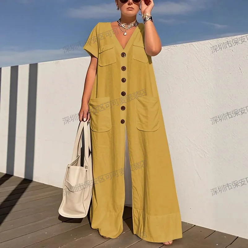 ฤดูร้อนสีทึบแฟชั่นJumpsuitsสําหรับผู้หญิงVคอSingle-Breasted Pocket ElegantสีทึบสบายๆเดินทางJumpsuits