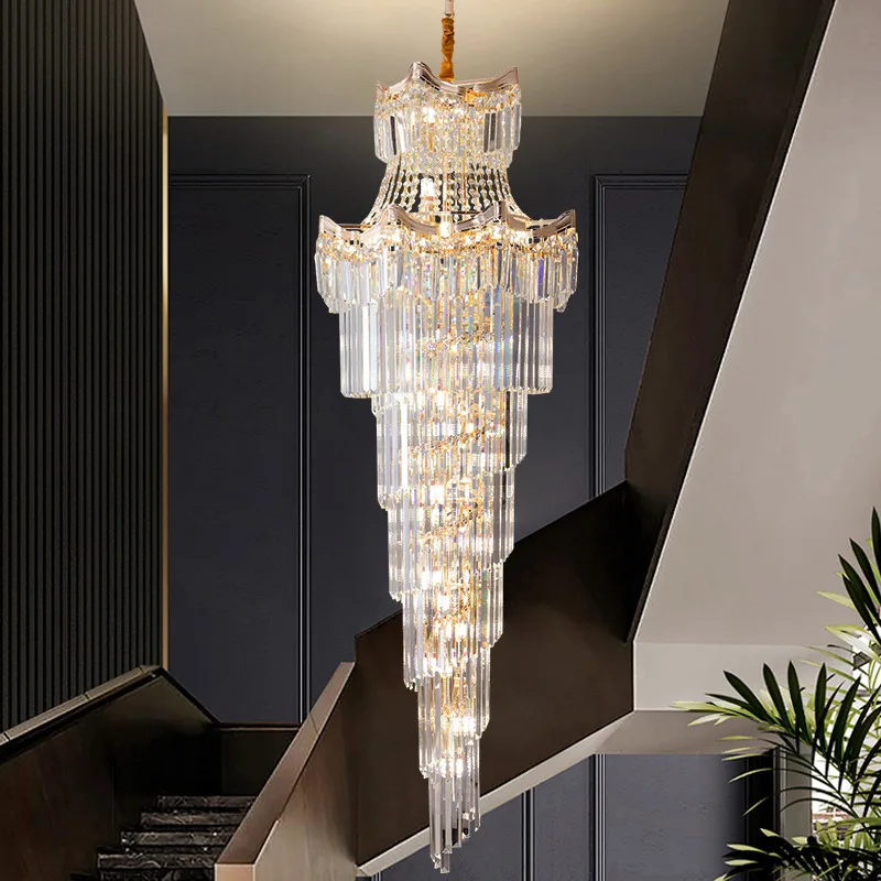 New Design Villa Living Room Crystal High Ceiling Large Golden Chandelier Light Luxury Hotel Lobby Lamp Staircase Long Chandelie