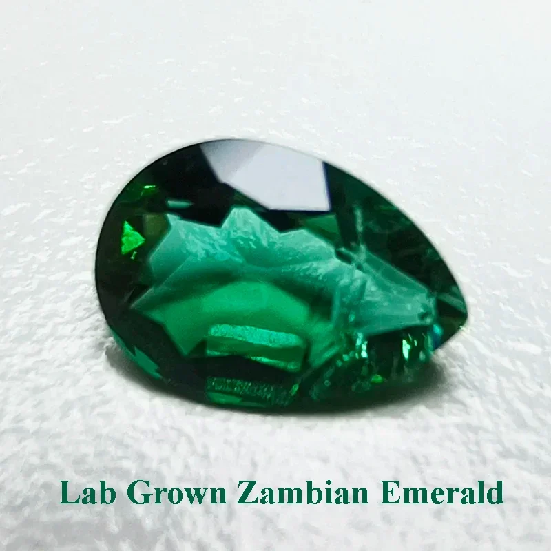 Lab Grown Zambian Emerald Hydrothermal Hand Cutting Pear Shape Cut with Cracks Inclusions Inside Selectable AGL Certificate