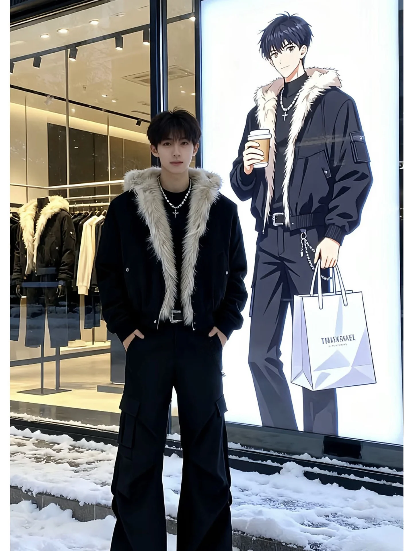 

Bla Hooded Thiened Cotton Jaet Men's Workwear Winter Youth Sle Mountain Eagle Pattern Jaet Warm Polyester Fabric