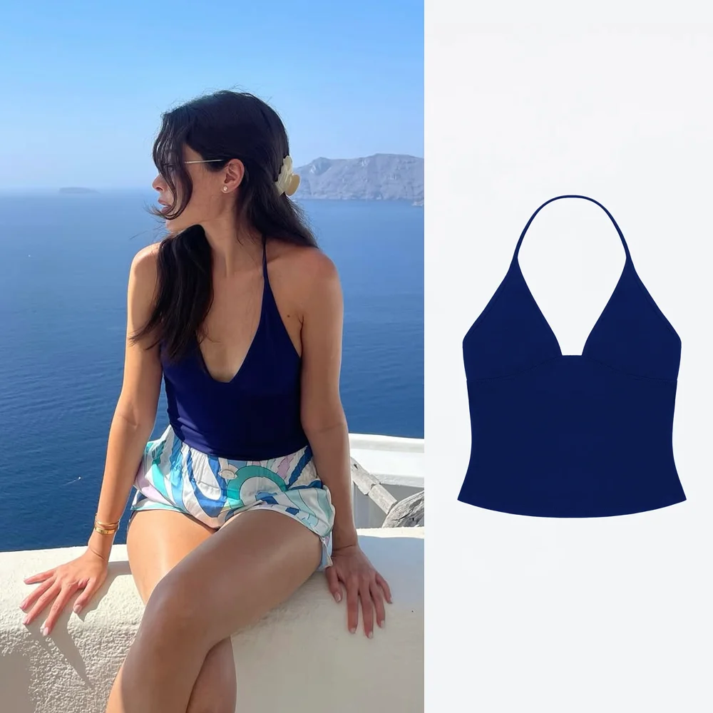 

Tank Dark Blue Triangle Cup Halter V-Neck Camisole Women's Summer Sexy Low-Cut Backless Top