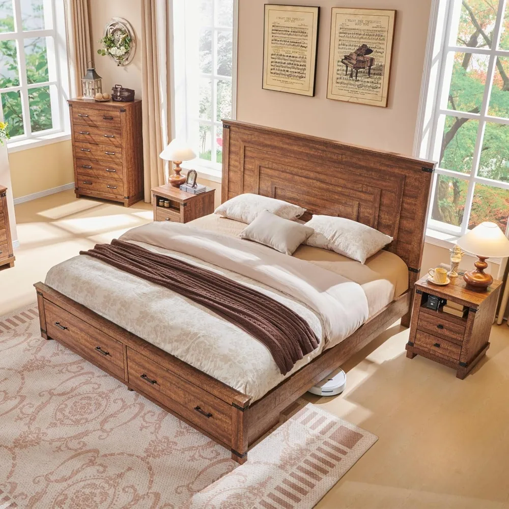 

rustic queen-size farmhouse bed frame with 54" high geometric headboard and dual storage drawers