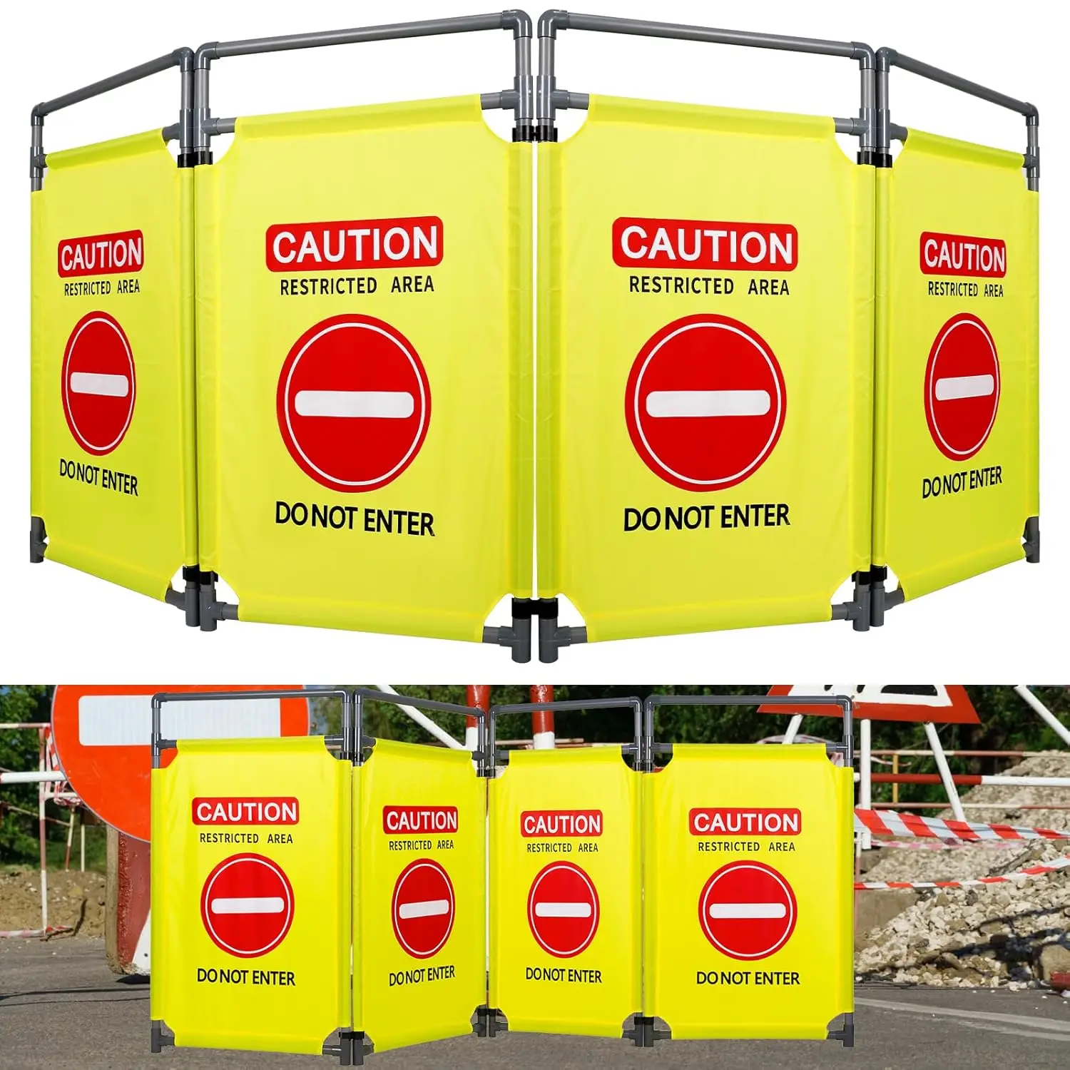 

4 Panel Safety Barricade, 7.8 ft Foldable Crowd Control Barrier, Heavy Duty PVC Frame, Do Not Enter Sign
