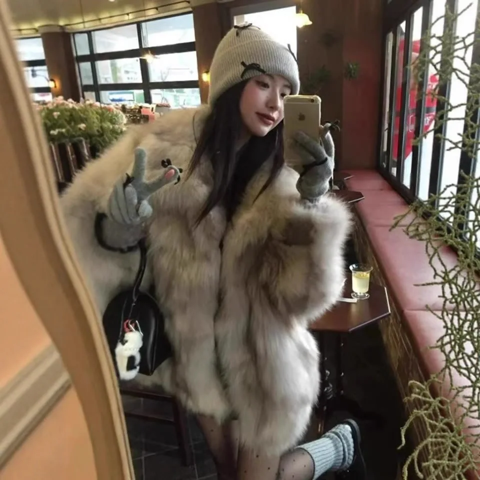 KIDCRKJ, abrigo de piel sintética de zorro para mujer, chaqueta de piel de visón holgada con cuello entallado gris para mujer, abrigo de piel ecológico minimalista Chic para mujer