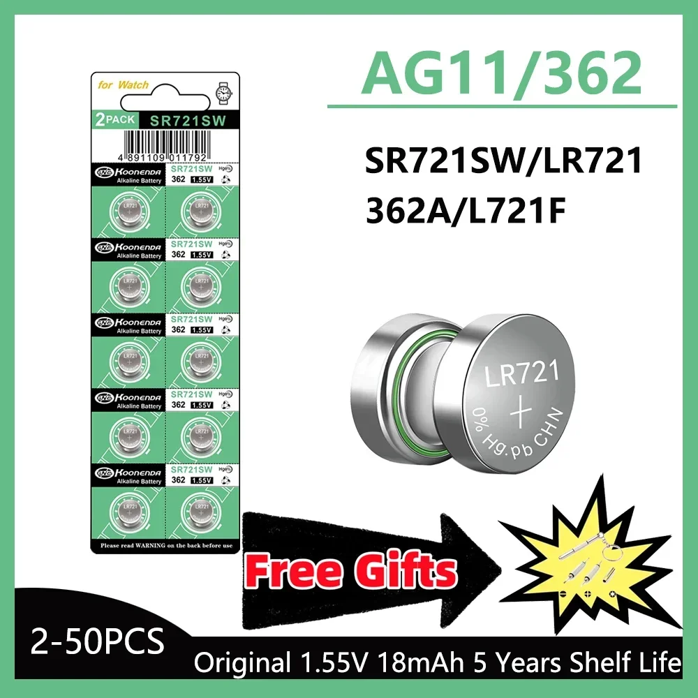 AG11 SR721SW 362 361 162 대용량 1.55V 단추 코인 셀 시계 배터리, 0% Hg 수은 무료, 시계 장난감 원격 선물