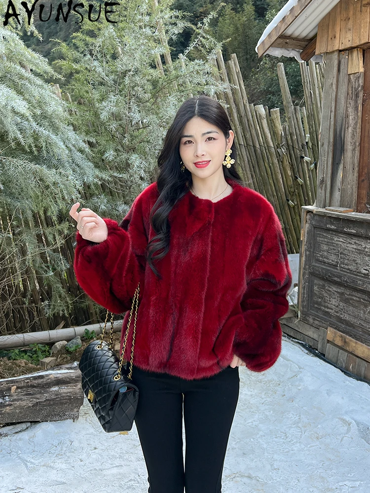 AYUNSUE 2025 กํามะหยี่ธรรมชาติ Mink Fur Jacket ผู้หญิงฤดูหนาวหรูหราทั้ง Mink เสื้อแจ็คเก็ตฤดูหนาวสําหรับเสื้อผ้าผู้หญิงสั้นС