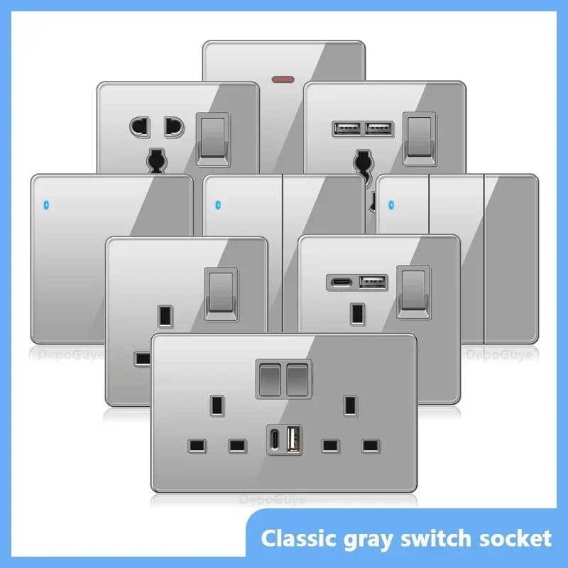 

UK 13A Doublel usb electrical outlet wall Led light switch,Gray Glass Universal Type-c 18W Smart Fast Charging Power Socket plug