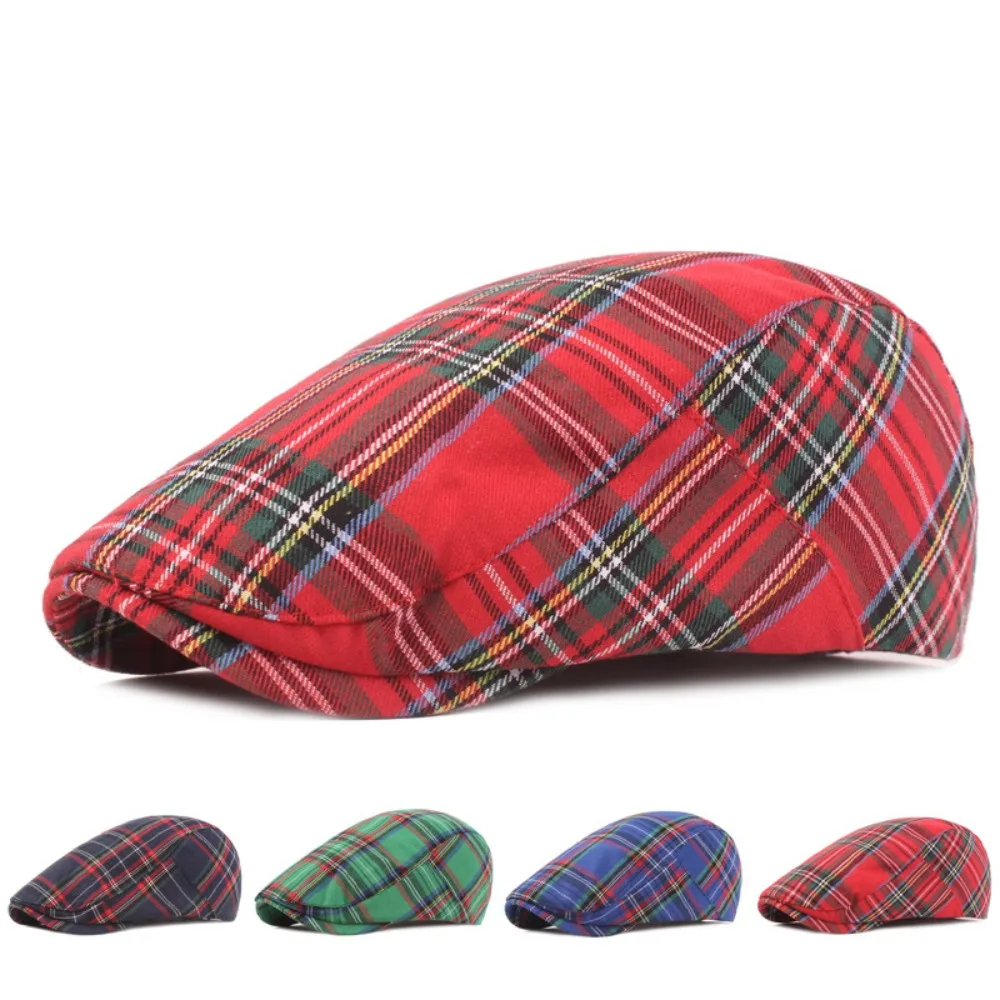 Simple Cotton Plaid Beret Cap Retro Breathable Cloth Painter Cap Peaked Cap Short Brim Women Artist Hat Daily