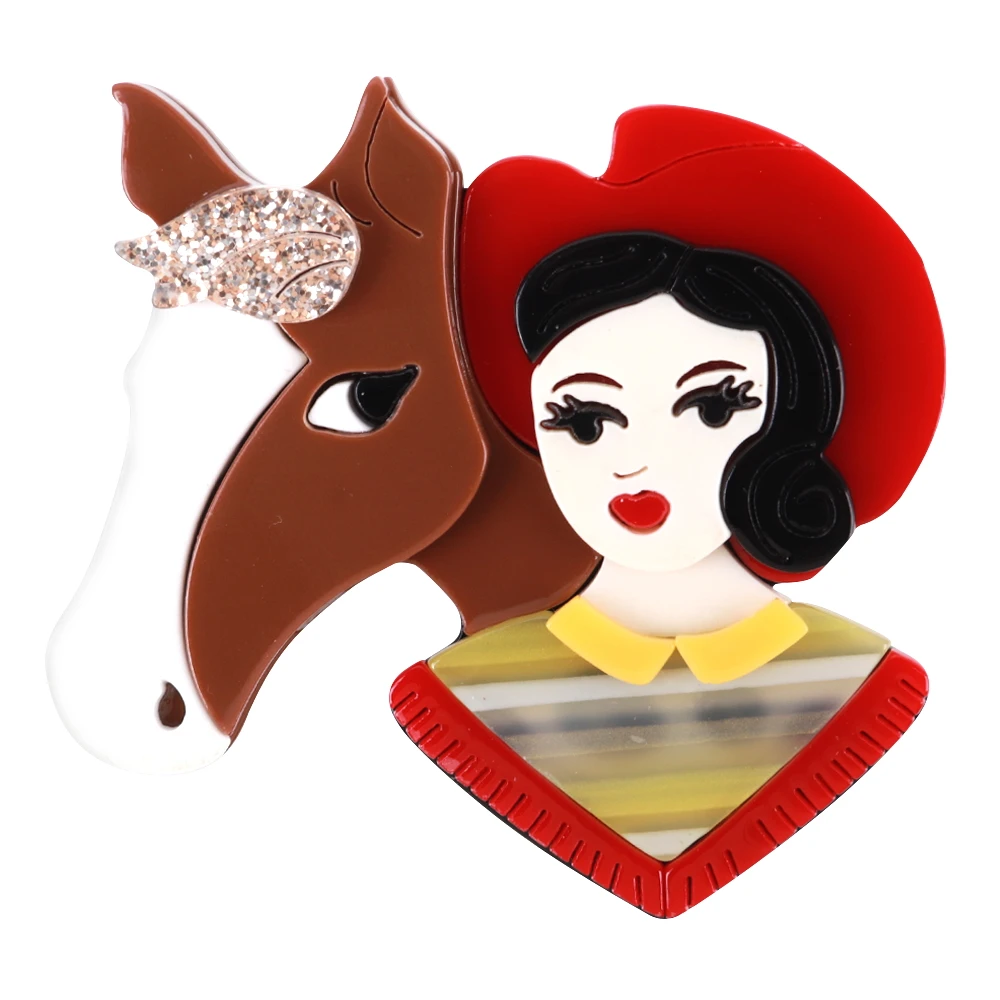 FishSheep Cute Acrylic Girl and Horse Brooches for Women Resin Handmade Beautiful Wear Hat Big Brooch Pins Clothing Accessoris