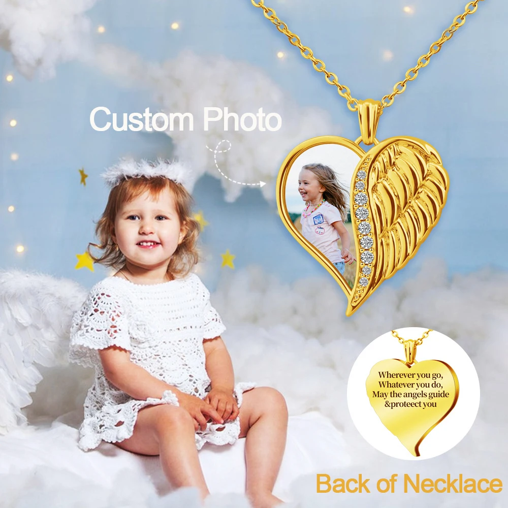 

Photo Printed Semi-Wing Heart Shaped Necklace Copper Material Clavicle Chain Personalized Jewelry Photo Lockbone Chain