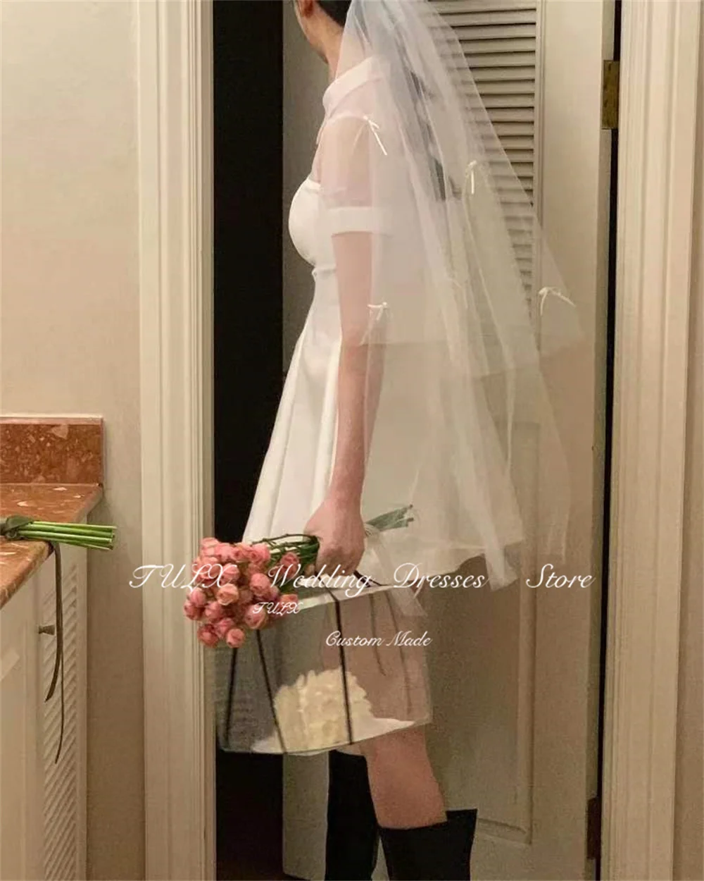 TULX Short Satin Korea Wedding Dresses Women Photos Shoot Vestidos De Novia Mini Above Knee Back Formal Bride Party Dress 2025