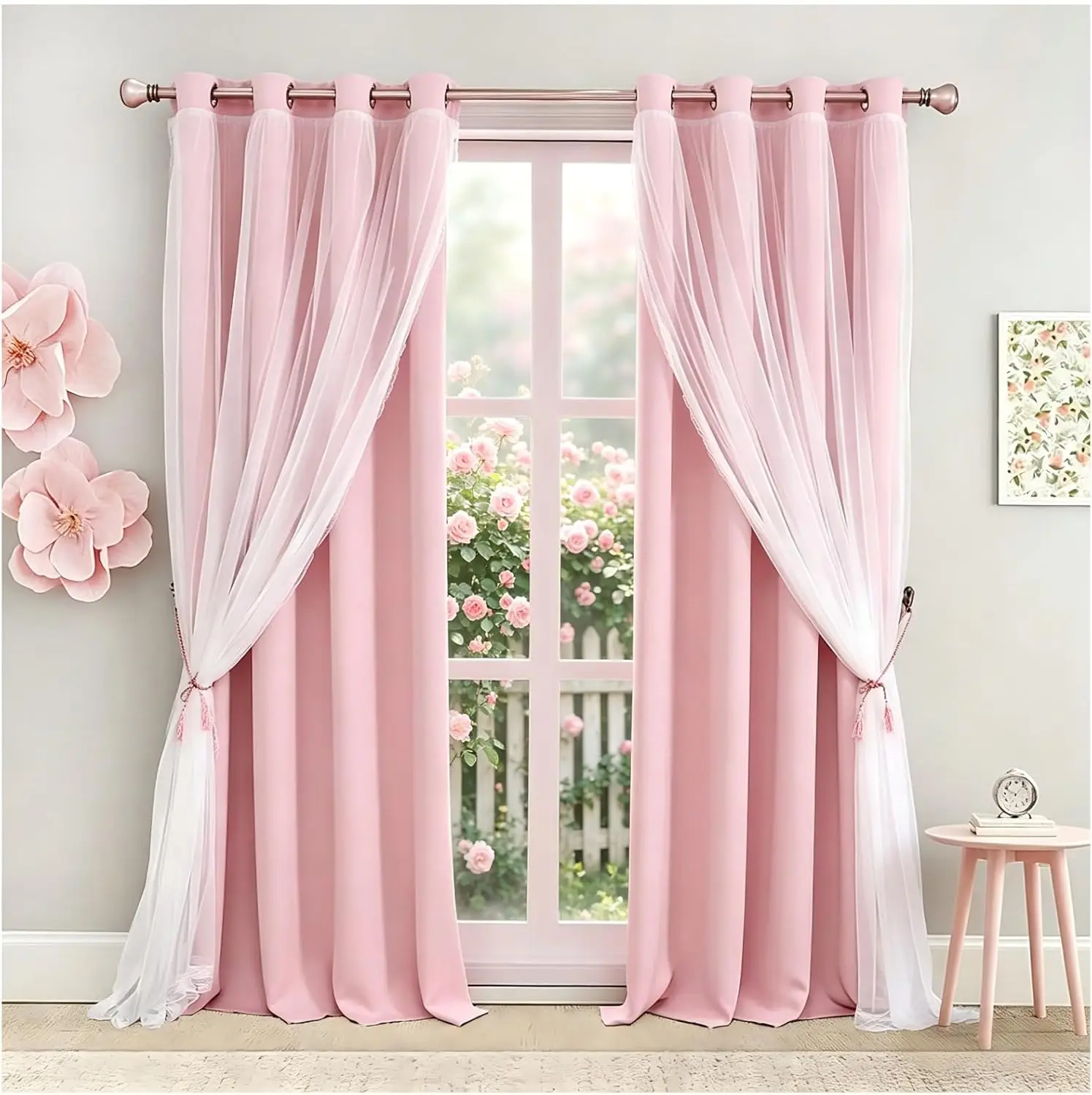 

Blackout Sheer Curtains Set - Double Layer Crushed Voile with Tie-Backs for Bedroom, 52x108 Inches, Light Pink, 2 Panels