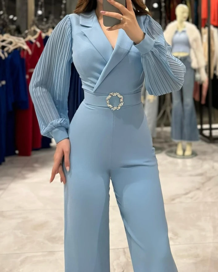 

2025 Woman Long Jumpsuits Elegant Fashion Casual Lapel Ruched Long Sleeve Wide Leg Jumpsuit Casual One Piece Outfits with Belt