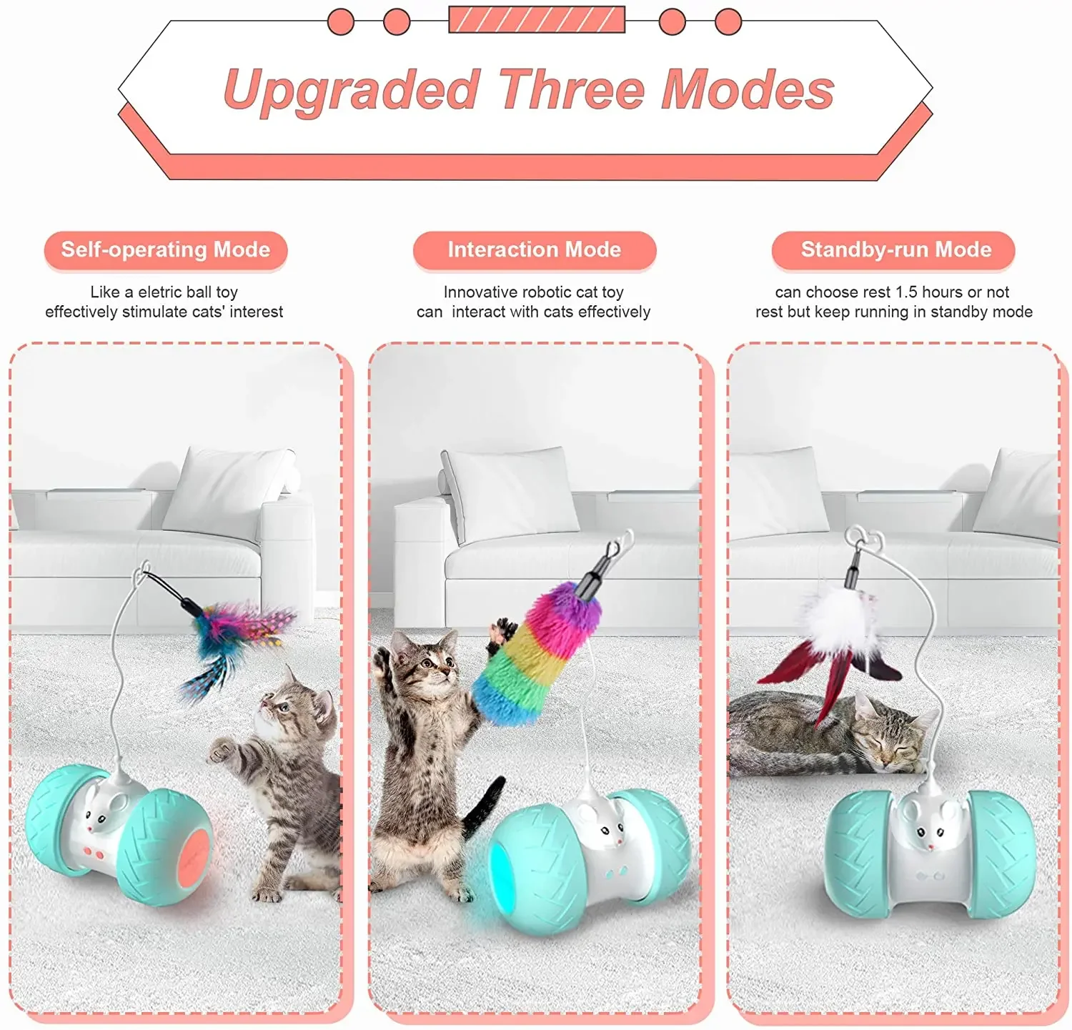 Interactive Toys for Indoor Cats, Automatic Kitten Toys, Electronic with Mouse and 3 Feathers for Cats to Play Alone Exercise