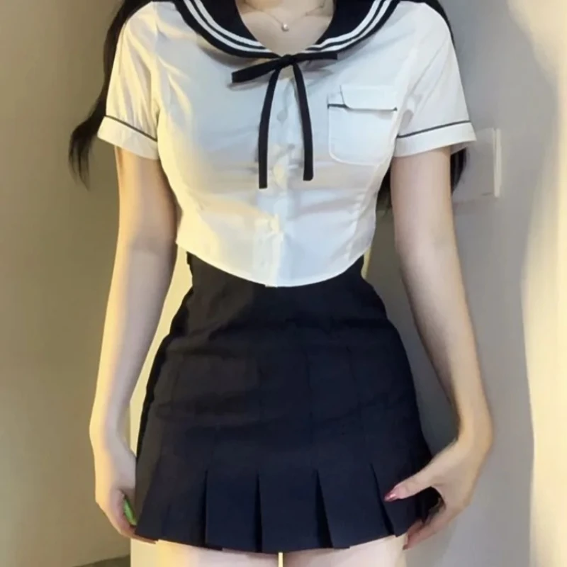 

Korean Sweet Sailor Collar Short Sleeve 2025 New Shirts Women+ Y2k High Waist Ruched A-line Skirts 2025 Summer rfd3