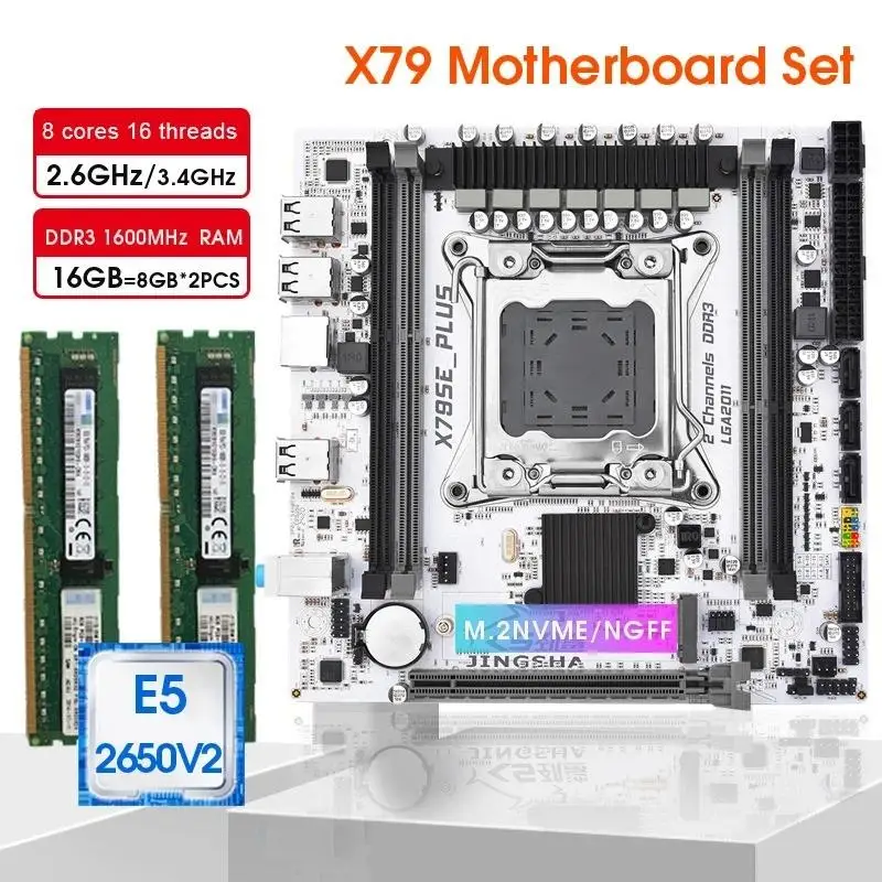 New! X79 Motherboard LGA 2011 E5 2650 V2 2x8GB =16GB DDR3 1600MHz ECC/REG RAM Kit NGFF NVME M.2 Slot X79 PLUS set assembly kit