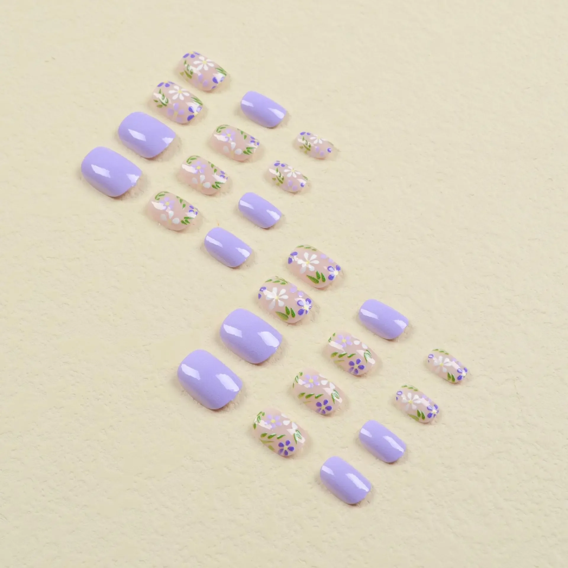 24pcs Ballerina False Nails Flowers Leaf French Tip Press on Nails Short Purple Fake Nails DIY Manicure Detachable Nail Tips Art