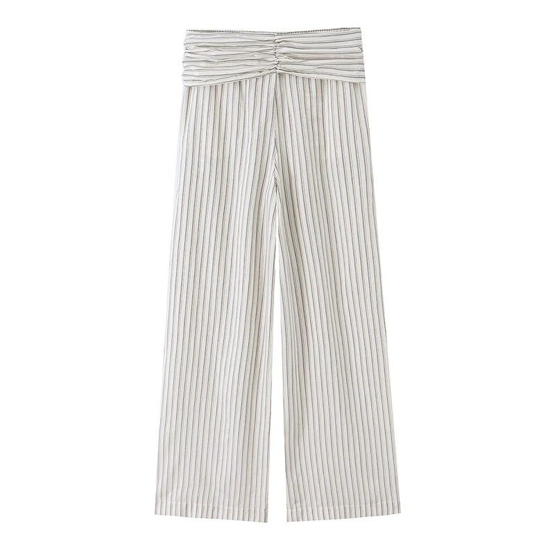 New 2026 Women Striped Wide Leg Pants High Waist With Tied Scarf Casual Summer Trousers