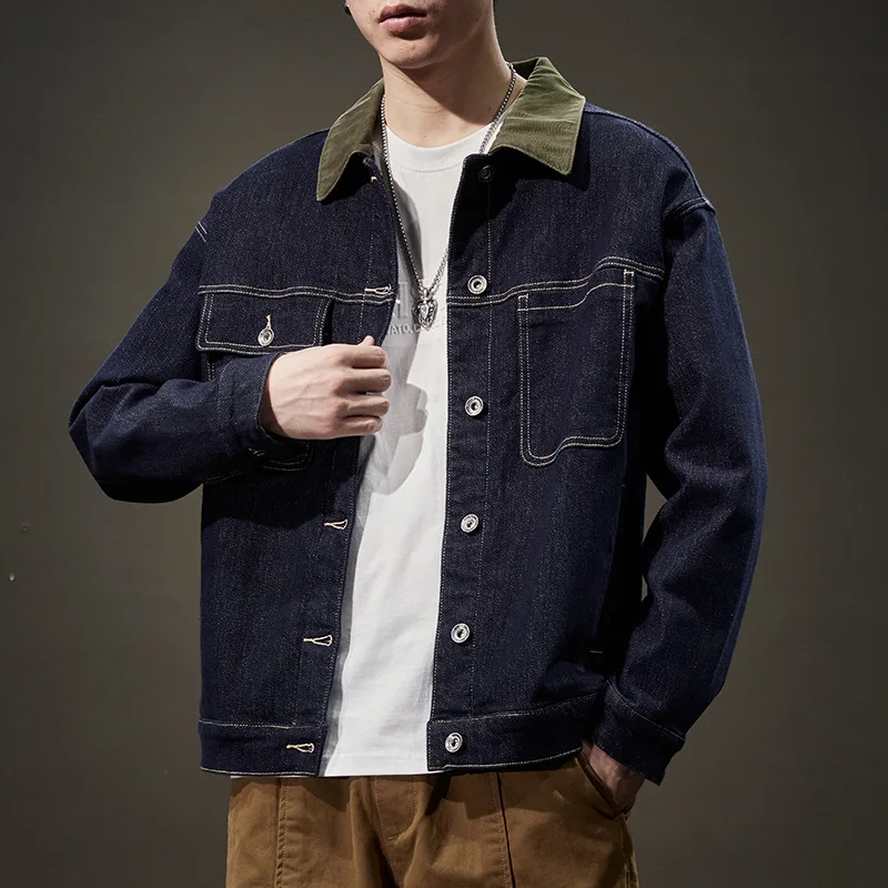 High Street Primary Color Active Enzyme Washed Denim Jacket For Men Cargo Style Multiple Pockets Ruffled Handsome Jeans Jacket