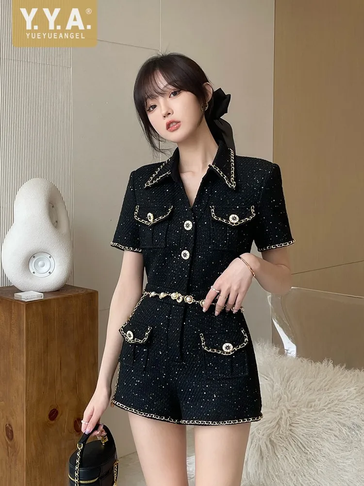 Office Ladies Spring Summer Tweed Rompers Black Short Sleeve Slim Fit Designer Elegant High Waist Shorts Women Vintage Playsuits