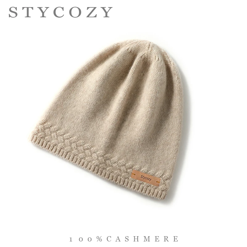 100%Cashmere Unisex Solid Cable Knit Beanie Soft Warm Skull Cap Rolled Hem Casual Daily Wear Winter Knitted Hat with Leather Tag