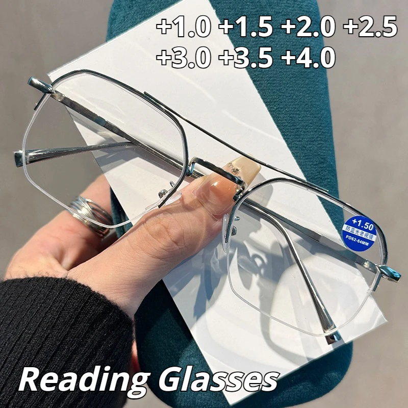 

Stylish Metal Semi-Rimmed Anti-Blue Light Reading Glasses Double-Bridge Square Frame Presbyopia Eyewear Diopter +1.0 To +4.0
