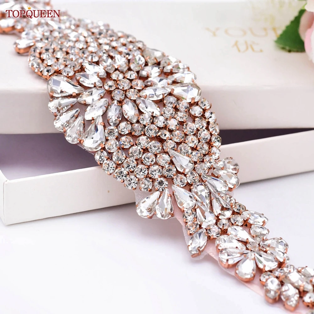 TOPQUEEN S123-RG Rose Golden Bridal Belt Wedding Accessories Bride Bridesmaid Dress Sash Bling Rhinestone Women Ladies Luxury