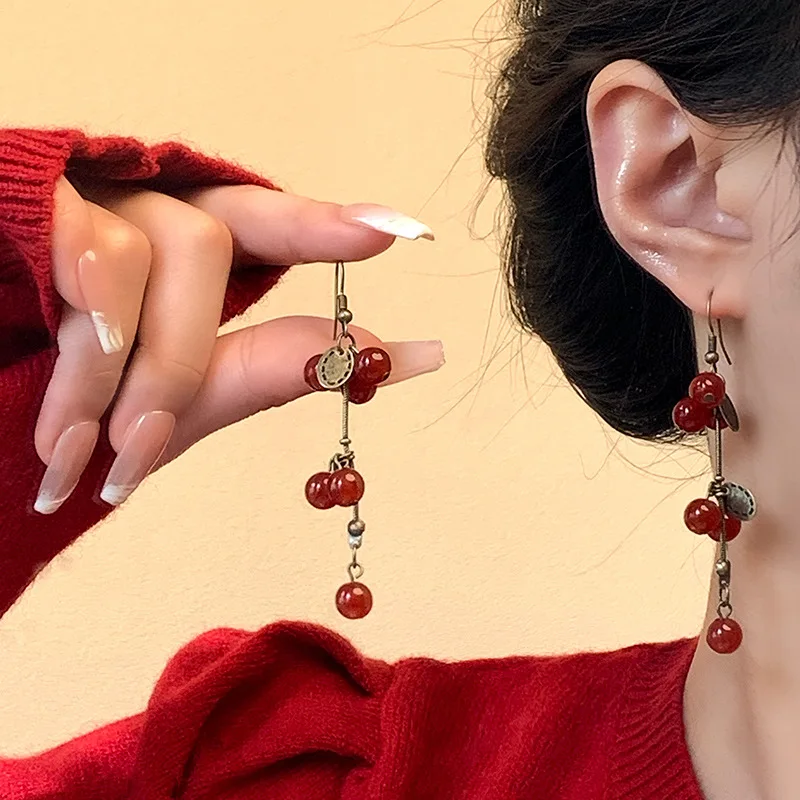 Vintage Fruit Long Tassel Earrings for Women Korean Retro Boho Red Berry Dangle Drop Earrings Wedding Party Fashion Jewelry Gift