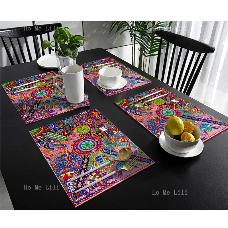 Traditional Mexican Native Decoration Huicol Yarn Painting Shamanic Ritual Folk Art.Placemat Decorated Dining Table