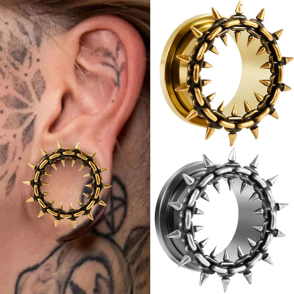 1PC Stainless steel Spike&Lock Screw Ear Tunnel Plugs Fangs Ear Gauges Expander Punk Body Piercing Body Jewelry 8mm-25mm