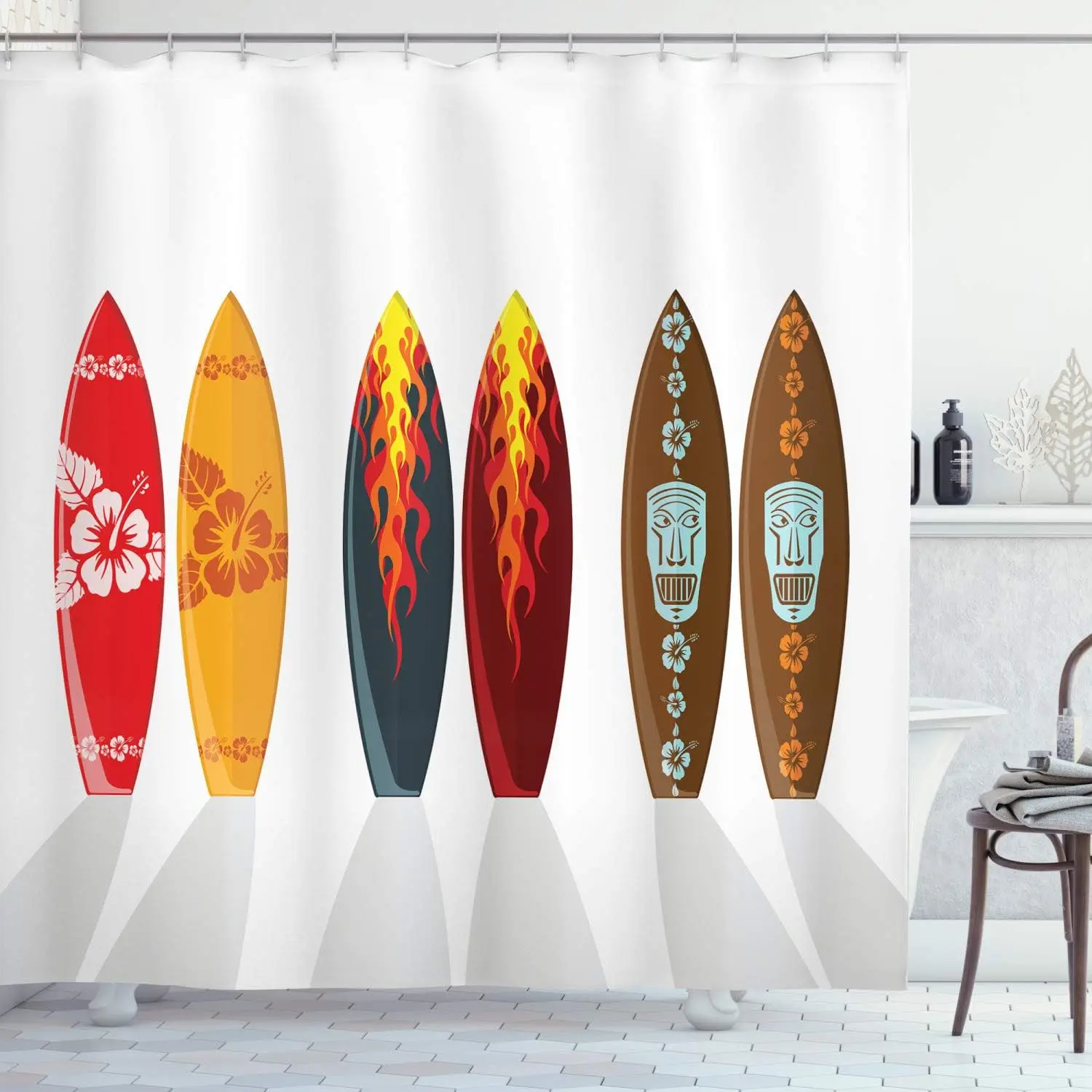 

Surfboard Shower Curtain Tropical Hawaiian Design Floral Tiki Pattern Beach Theme Bath Decor Waterproof Fabric Home Accessories