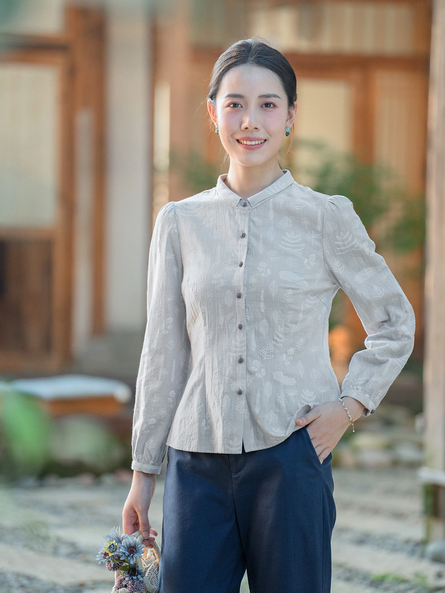 

ay Cotton Artistic Print Long Sve irt Women's Commute Simple Versatile Waist-Cinching Top Spring New Arrival