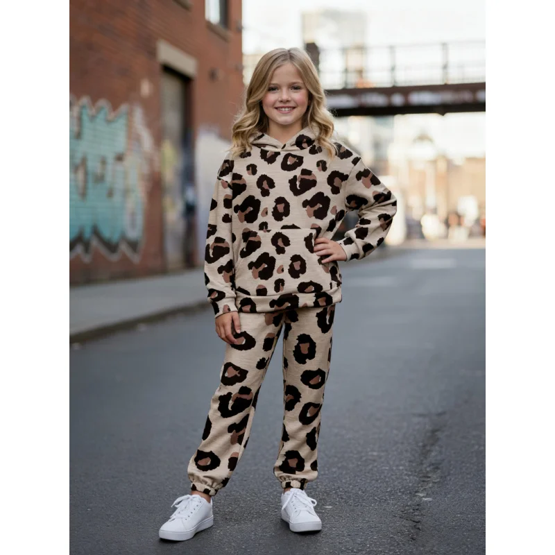 

2026 Girls' Fashion Leopard Print Hoodie Set - Spring and Autumn Children's Casual Sports Jogging Pants Two-Piece Set