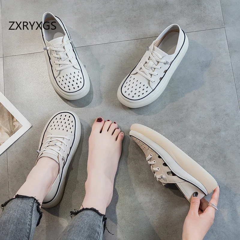 ZXRYXGS Spring Summer Flats White Sneakers 2024 Genuine Leather Hollow Breathable Sandals Casual Sneakers Women Large Size Shoes