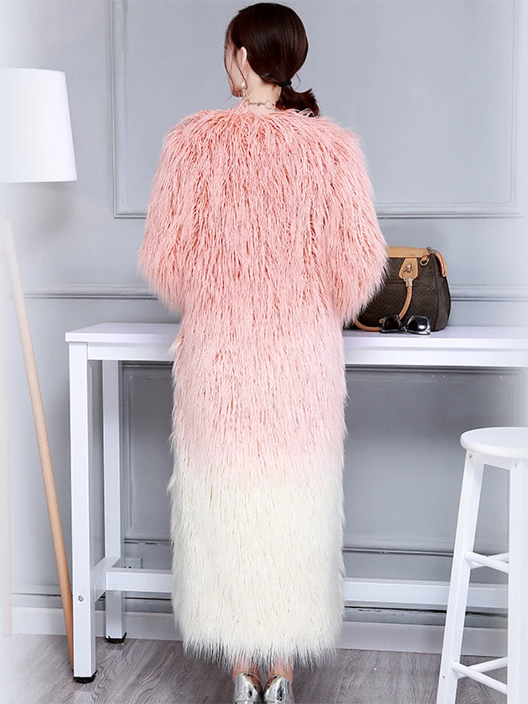 Nerazzurri Winter Long Faux Fur Coat Women V-Neck Multi Color Fashion Slim Shaggy Fluffy Hairy Fake Mongolian Sheep Fur Overcoat