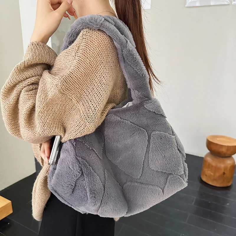 Solid Color Soft Flannel Large Capacity Shoulder Bags Fashion Elegant Concise Handbags 2026 Hot Sale Warm Sweet Bags for Women