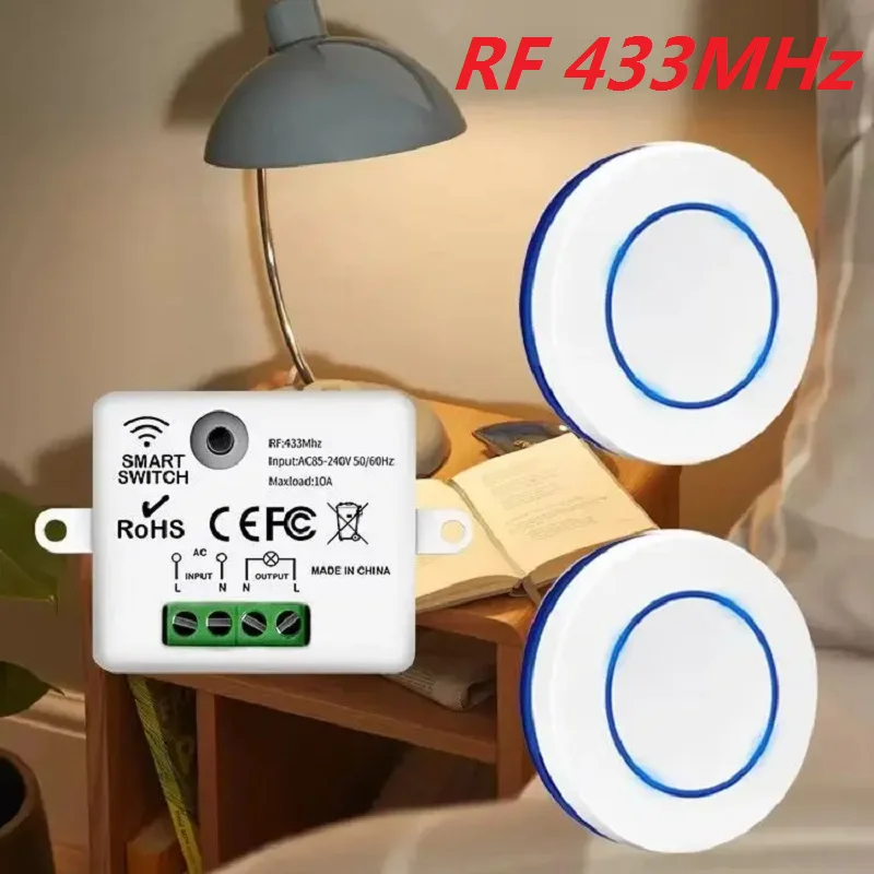 Interrupteur d'éclairage sans fil 433MHz, disjoncteur de relais 10A, télécommande 220V 110V, Mini interrupteur mural à bouton rond pour lampe LED domestique