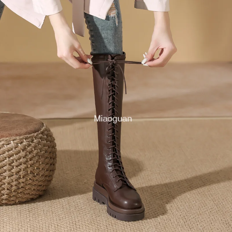 Women Fashion Leather Knee High Boots Round Toe Flat Platform Zipper Lace-up Boot Luxury Ladies Shoes Autumn Winter Black Casual